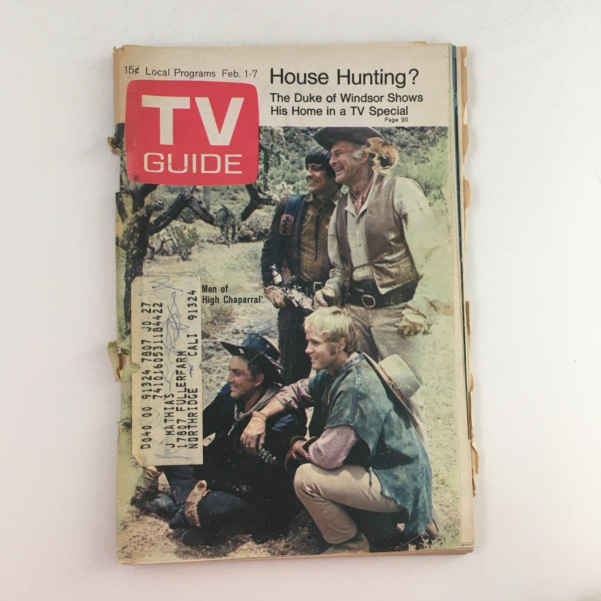 Cover of TV Guide February 1, 1969 #827 featuring Cameron Mitchell and Henry Darrow with the headline 'House Hunting?'. The magazine showcases a color image of actors in a Western setting.