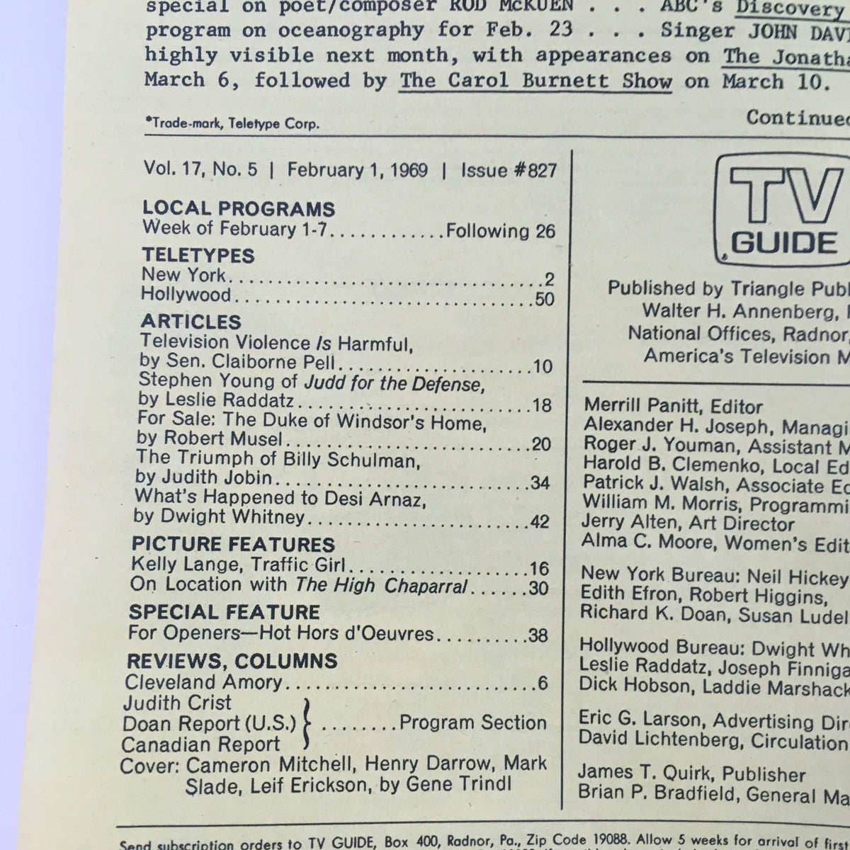 Interior page of TV Guide February 1, 1969 #827 displaying the table of contents and articles, including a feature on the Duke of Windsor's home.
