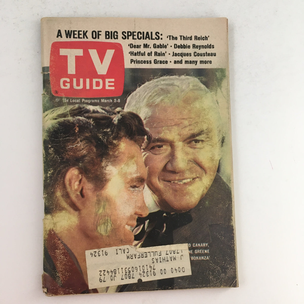 TV Guide March 2 1968 Cover featuring David Canary and Lorne Greene, showcasing vintage television programming highlights with a colorful design and address label.