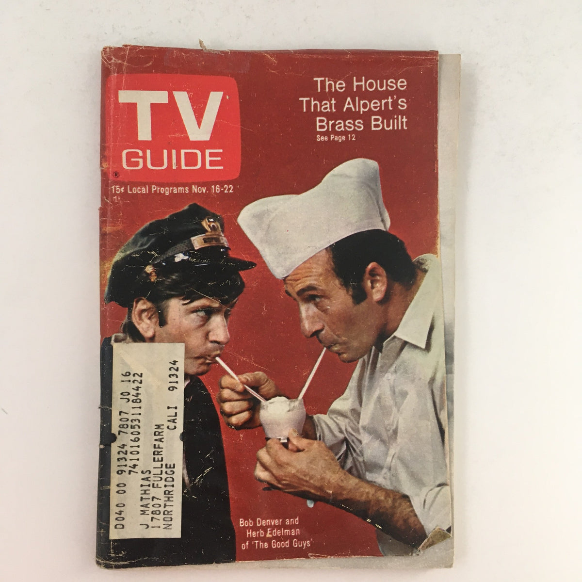 TV Guide November 16 1968 cover featuring Bob Denver and Herb Edelman, showcasing the show 'The Good Guys' against a backdrop of vintage design from Los Angeles.