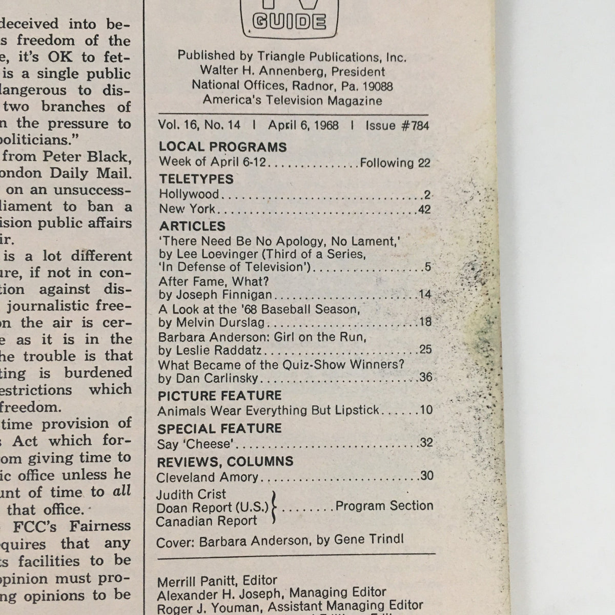 TV Guide April 6 1968 #784 featuring Barbara Anderson from 'Ironside', showcasing the cover and details of the magazine including programming and article snippets.