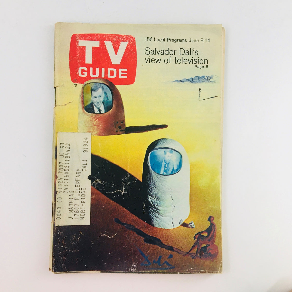 TV Guide from June 8, 1968 featuring a painting by Salvador Dali on the cover. The image showcases the surreal art and historic television content of that era, capturing a unique blend of art and television history in Los Angeles, California.