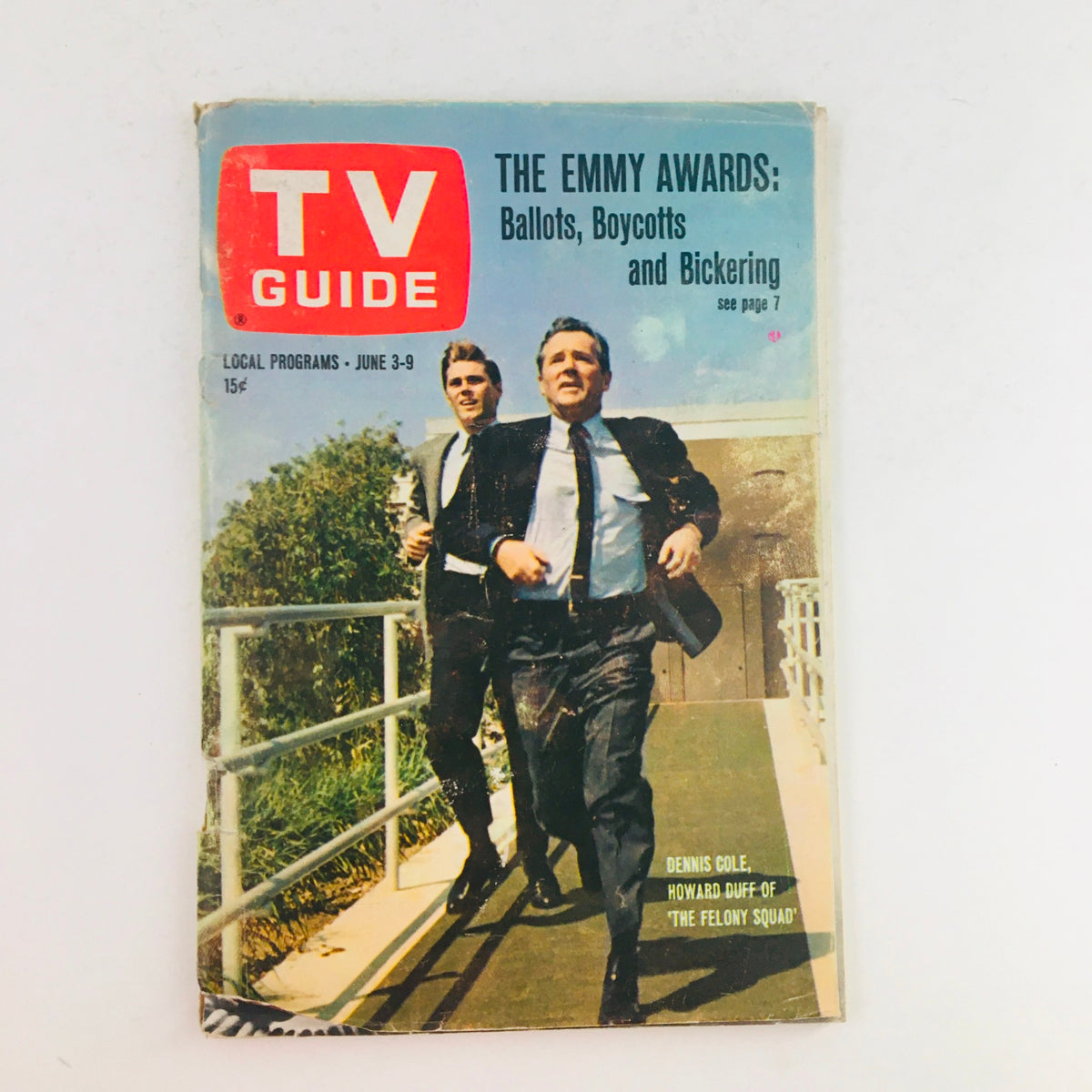 TV Guide June 3, 1967 cover featuring Dennis Cole and Howard Duff, showcasing the Emmy Awards theme with vibrant colors and images of the actors.