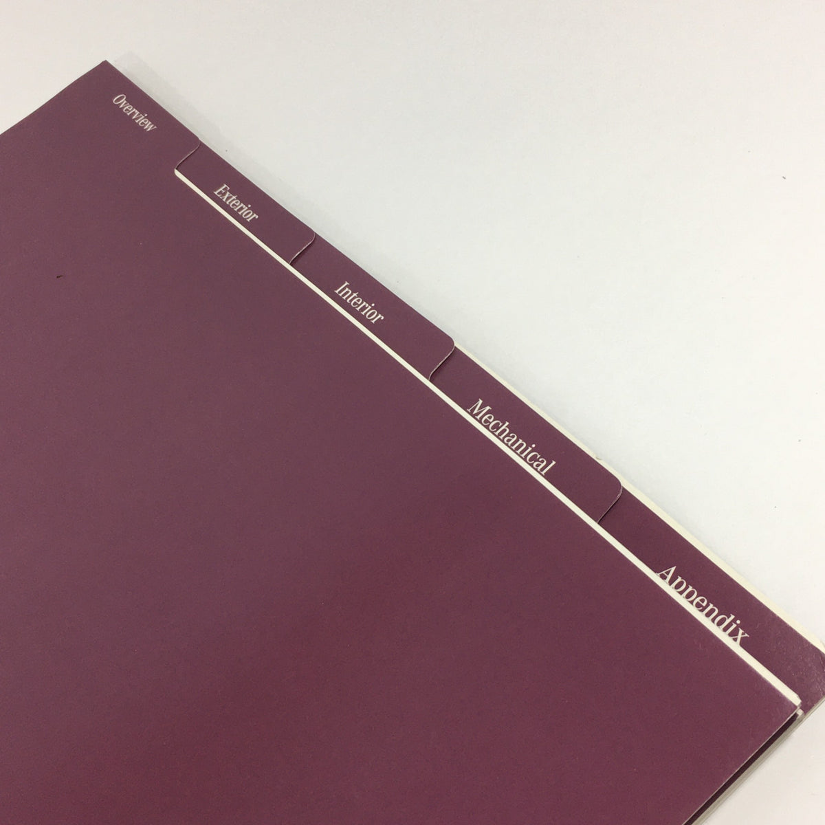 Tabs for the sections of the 2000 Mercedes-Benz S-Class Presentation Guide, labeled for Overview, Exterior, Interior, Mechanical, and Appendix.