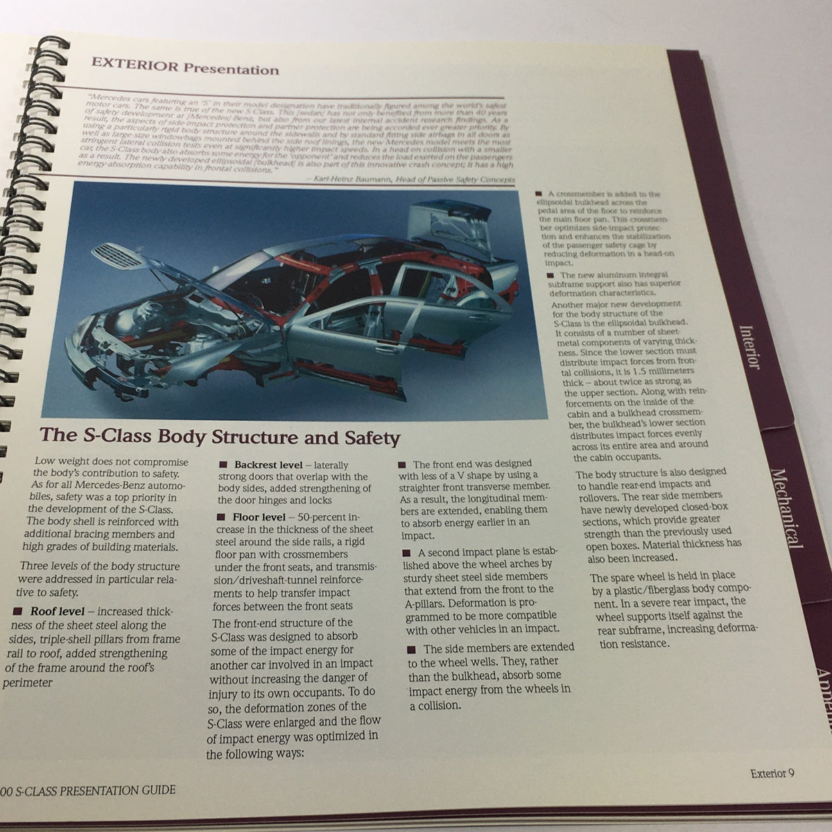 Exterior presentation page from the 2000 Mercedes-Benz S-Class Presentation Guide, detailing body structure and safety features of the S-Class.