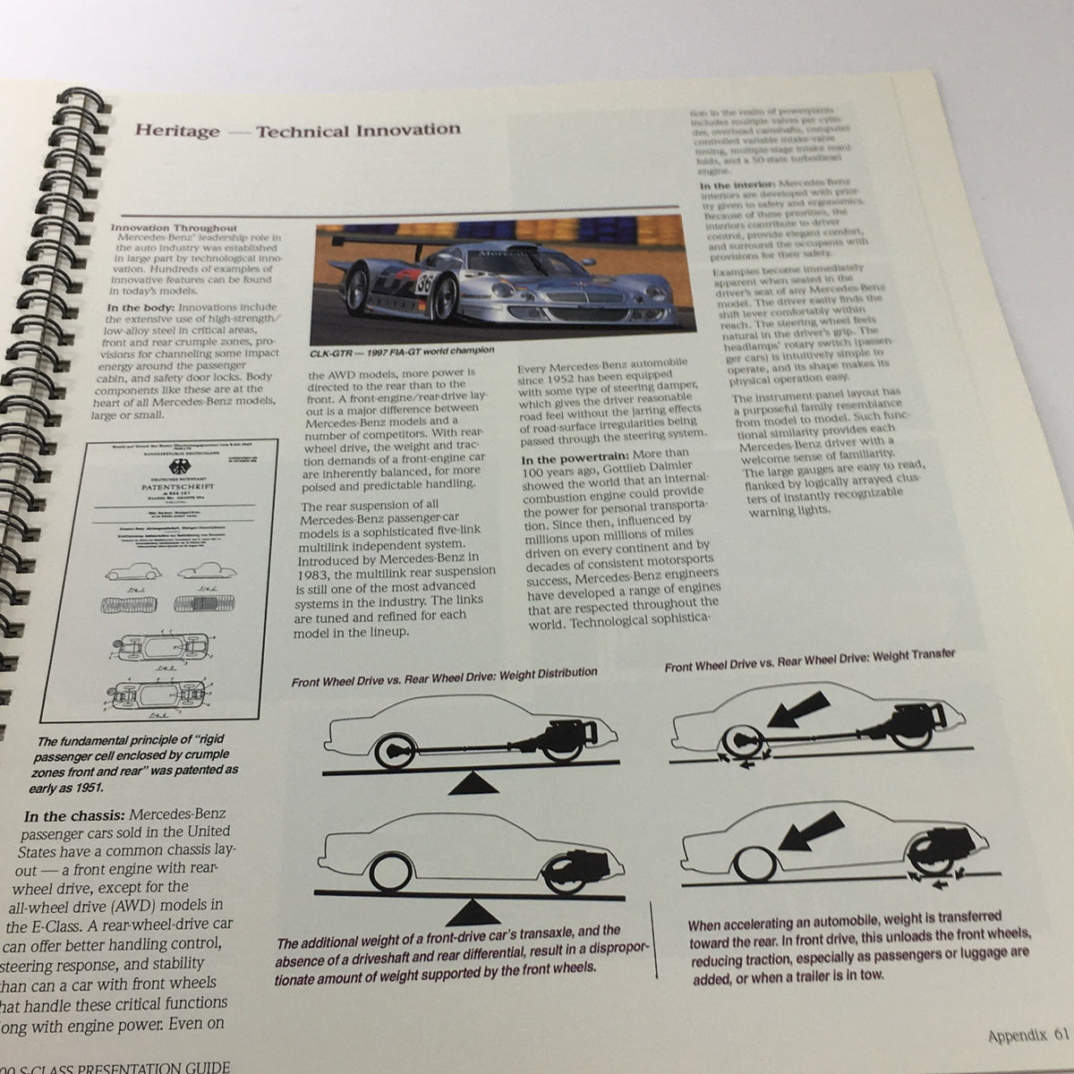 Inside page of the 2000 Mercedes-Benz S-Class Presentation Guide showcasing technical innovation and heritage information.