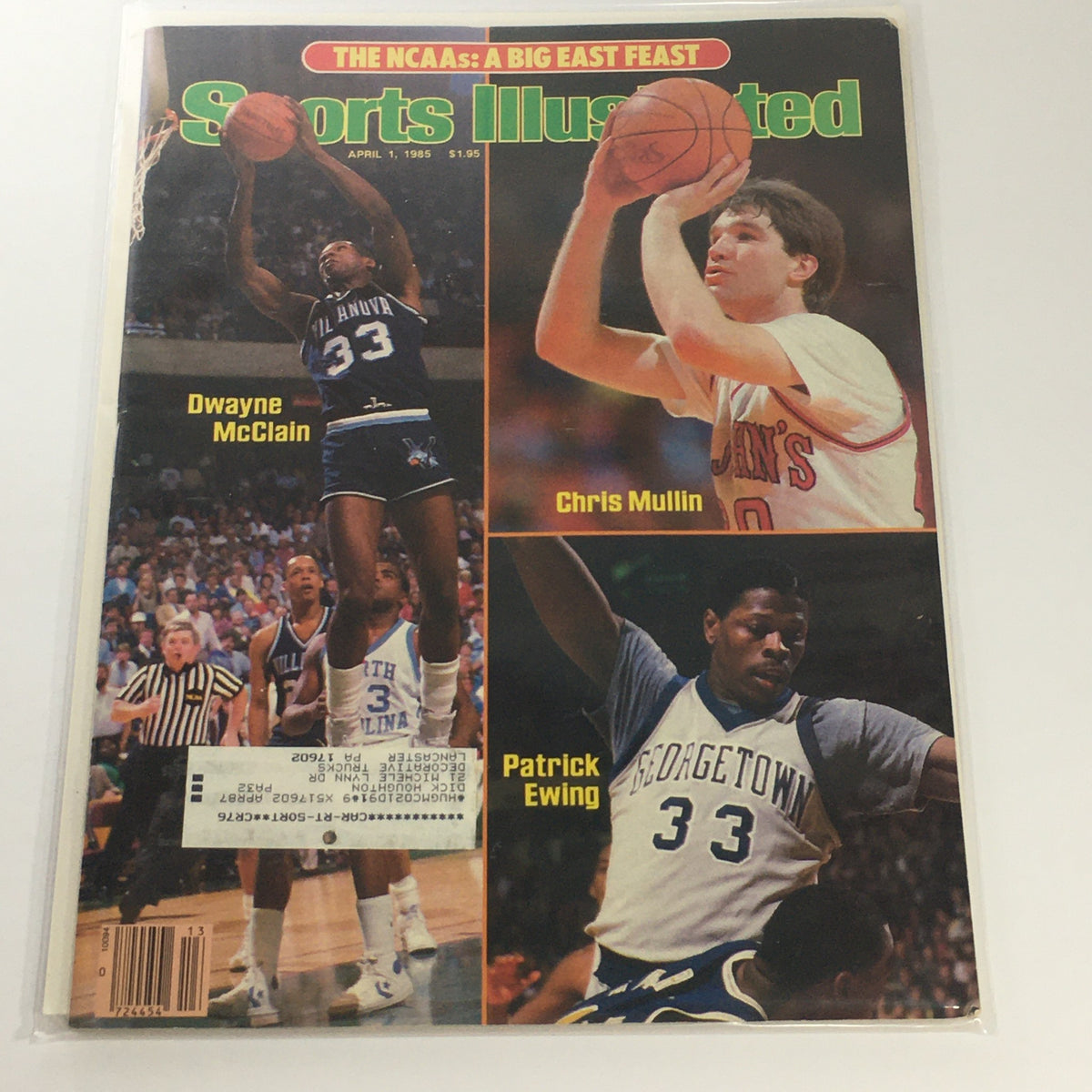 Cover of Sports Illustrated: April 1, 1985, featuring college basketball stars Dwayne McClain, Chris Mullin, and Patrick Ewing in action. This vintage magazine captures the excitement of NCAA basketball during the mid-1980s, making it a valuable collectible for sports enthusiasts.