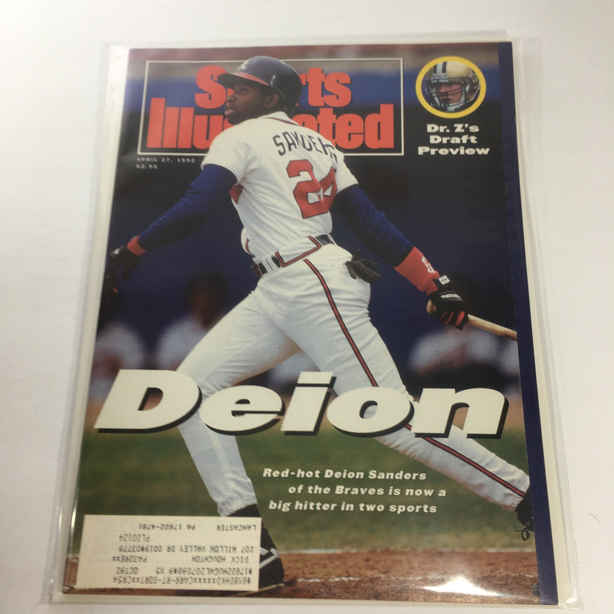 Sports Illustrated Magazine cover from April 27, 1992 featuring Deion Sanders of the Atlanta Braves, showcasing him in action as a dynamic two-sport athlete.
