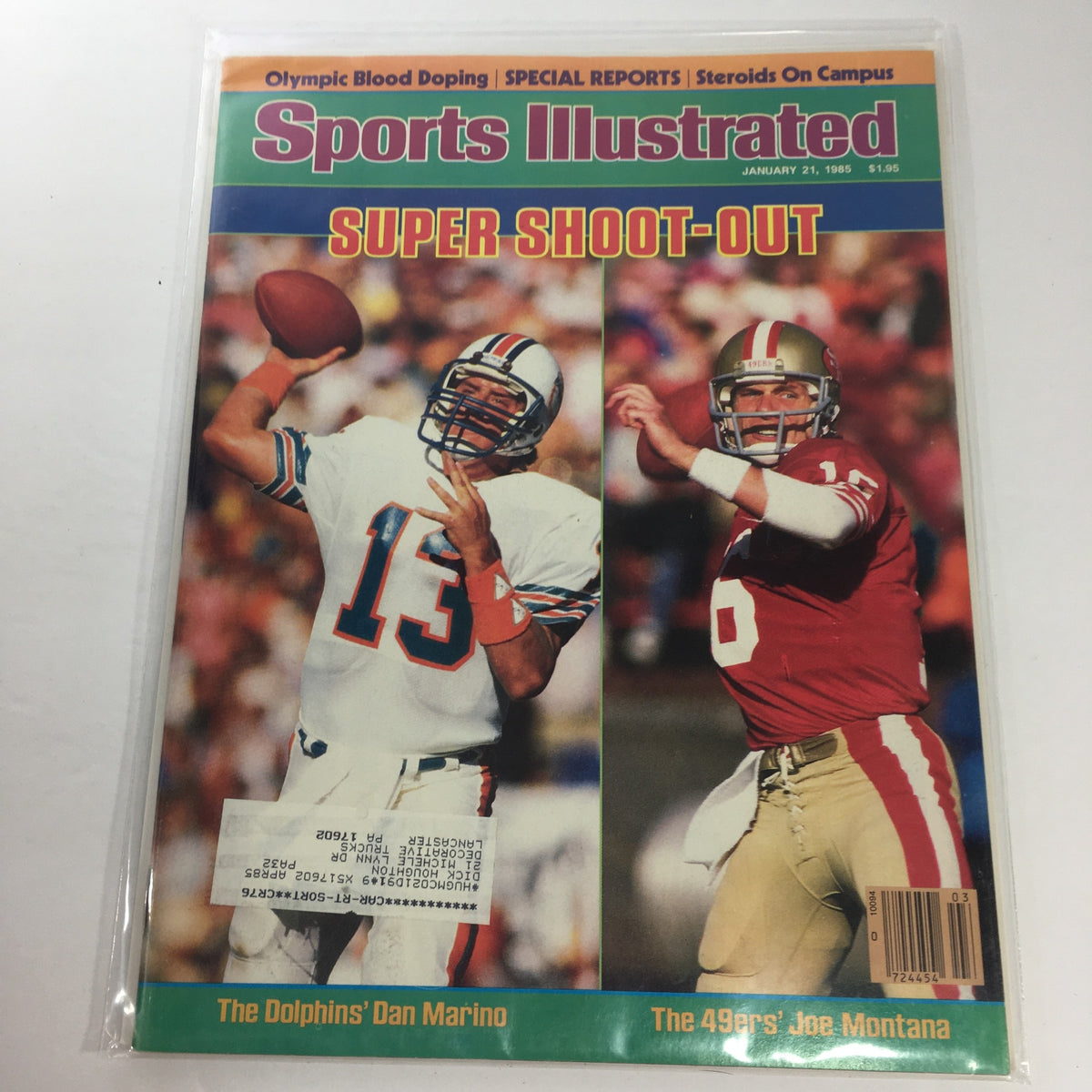 Cover of Sports Illustrated: January 21, 1985, featuring Dan Marino of the Miami Dolphins and Joe Montana of the San Francisco 49ers, showcasing a pivotal moment in NFL history.