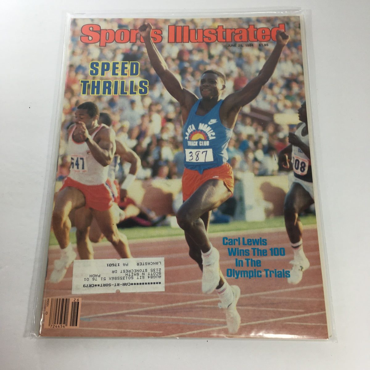 Cover of Sports Illustrated: June 25 1984 showcasing Carl Lewis celebrating his victory in the 100 meters during the Olympic Trials. The magazine features vibrant photography and highlights the theme 'Speed Thrills'.