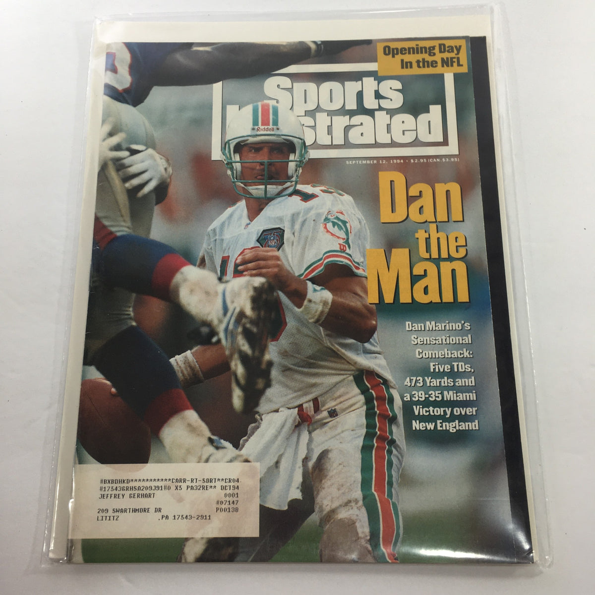 Cover of Sports Illustrated magazine from September 12, 1994, featuring Dan Marino, titled 'Dan the Man', highlighting his sensational comeback with five touchdowns and a 39-35 victory over New England.