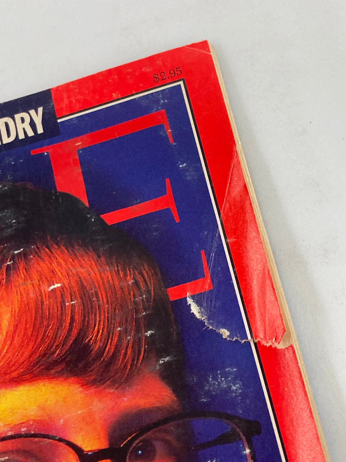 Close-up of the Time Magazine June 5 1995 cover featuring Bill Gates, displaying condition details such as price and corner damage.