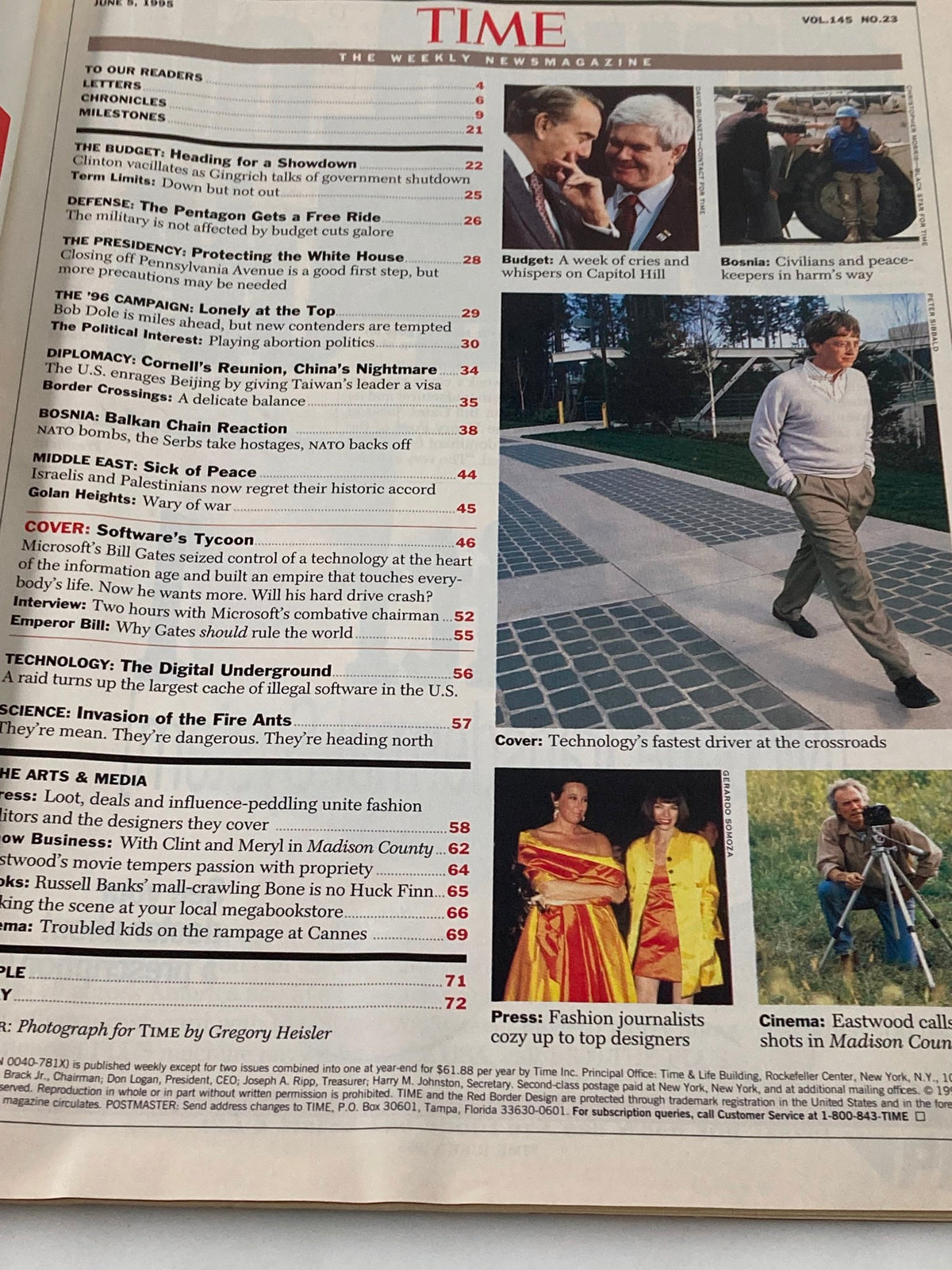 Interior contents page of Time Magazine June 5 1995, listing articles including the cover story about Bill Gates, highlighting technology and culture in the mid-1990s.