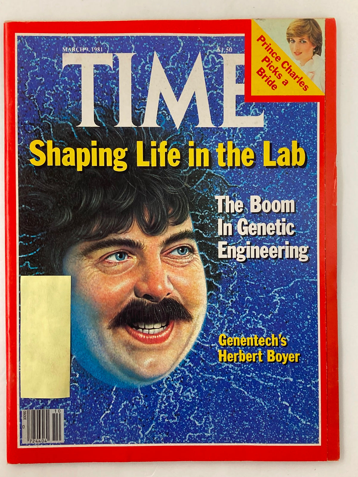 Vintage Time Magazine cover from March 9, 1981, featuring the title 'Shaping Life in the Lab' and the prominent image of Genentech's Herbert Boyer, highlighting the boom in genetic engineering.