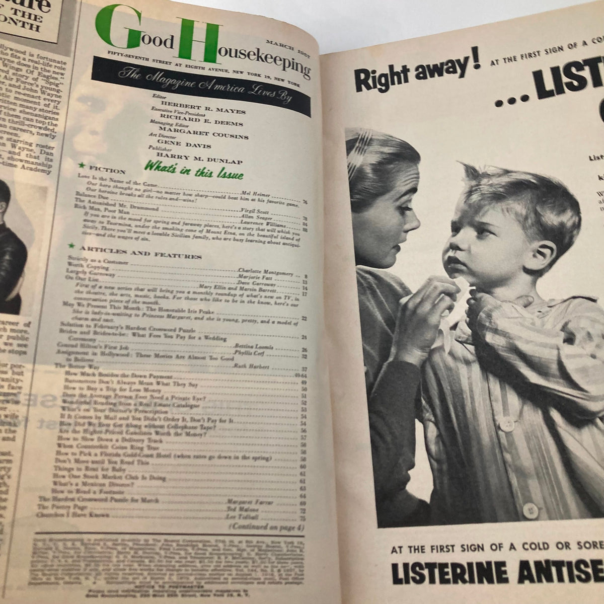 Inside view of the VTG Good Housekeeping Magazine March 1957, featuring articles and features including diet and nutrition topics, showcasing nostalgic 1950s design.