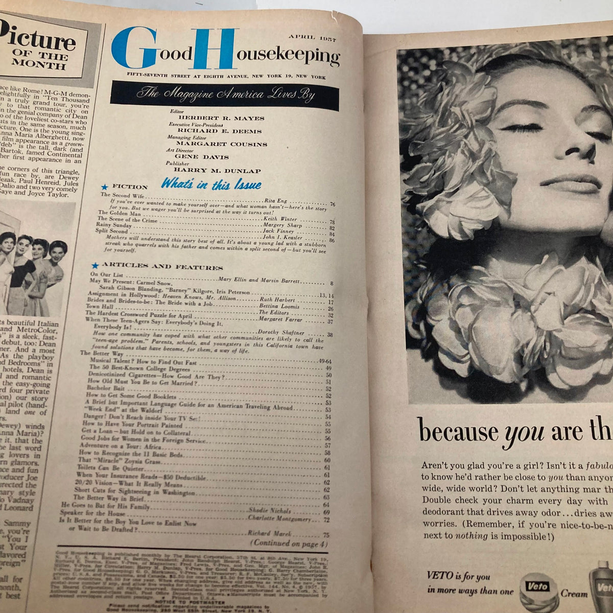 Interior page of Good Housekeeping Magazine April 1957 displaying the table of contents, revealing articles and features from the magazine, reflecting mid-century American culture.