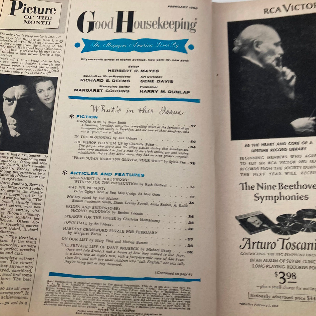 Interior page of the February 1958 Good Housekeeping Magazine showcasing the table of contents and articles including 'Maggie-Now' and features on Hollywood.