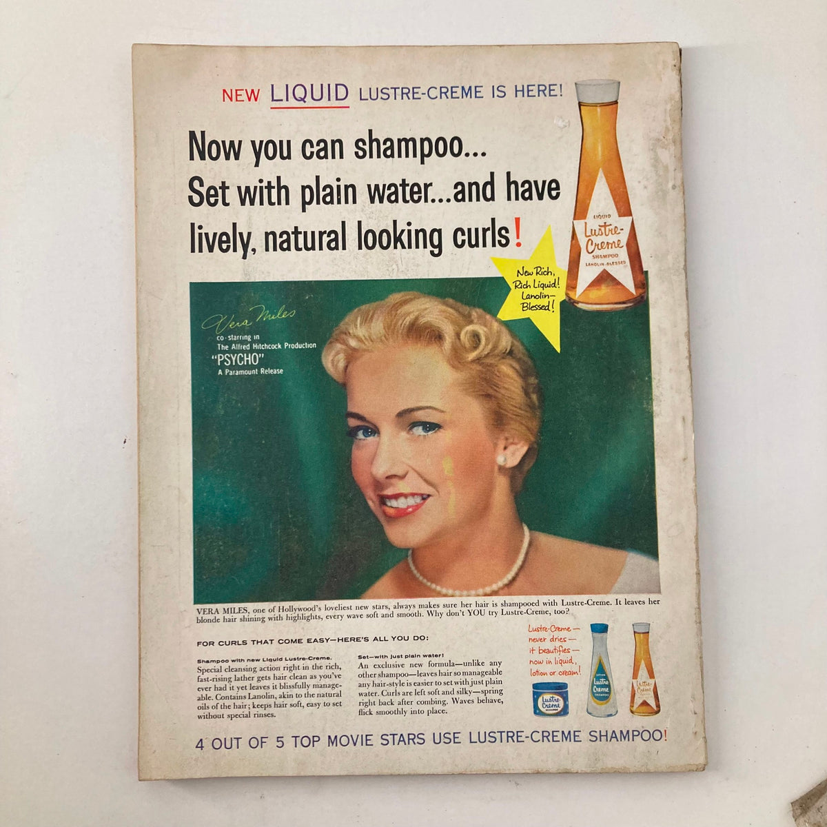 Back cover of VTG Good Housekeeping Magazine July 1960 advertising new Lustre-Creme shampoo with a vintage photo of actress Vera Miles.
