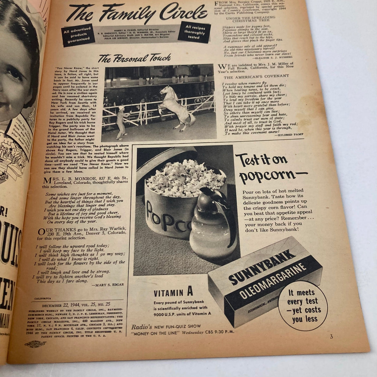 Inside page of VTG The Family Circle Magazine December 22 1944, featuring advertisements and a section titled The Personal Touch with recipes and family tips.