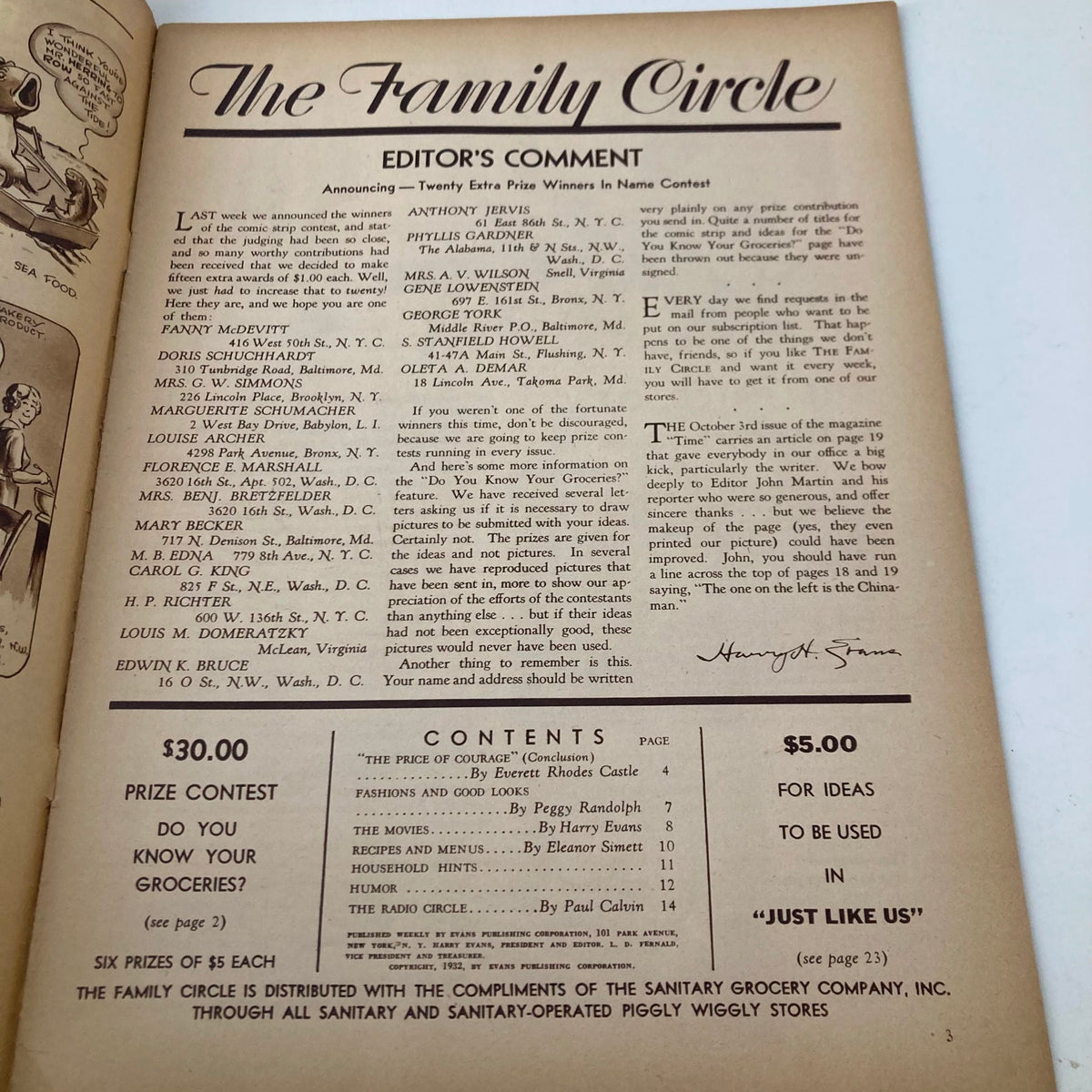 Inside page of VTG The Family Circle Magazine, October 14, 1932, displaying editor's comment and contents, reflecting the magazine's vintage appeal and context.