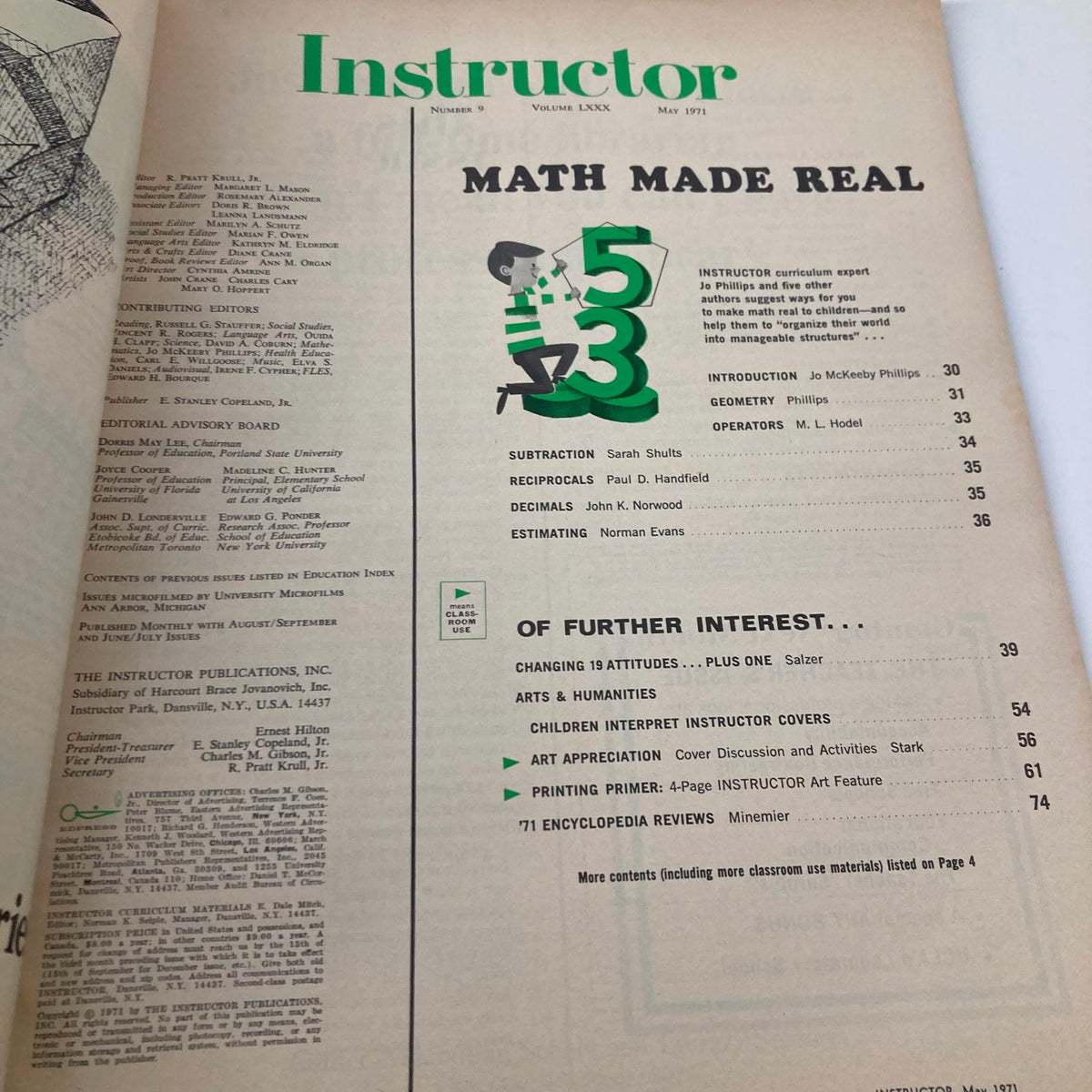 Inside page of VTG Instructor Magazine May 1971 featuring article contents including math topics and author contributions.