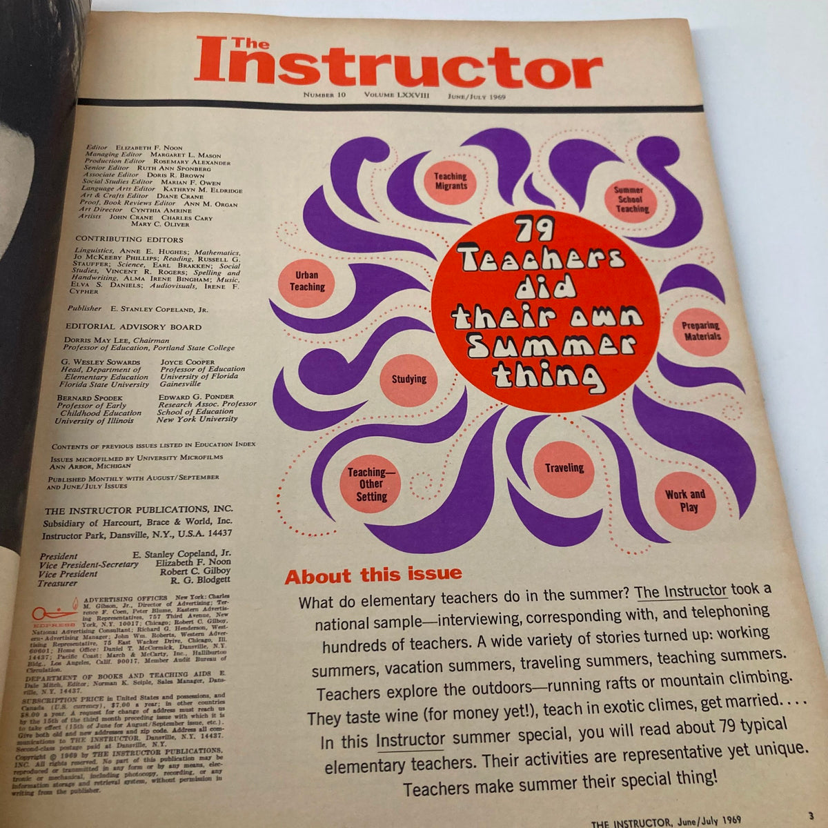 Inside page of VTG The Instructor Magazine June 1969 discussing teachers' summer activities with vibrant graphics and text highlighting the theme.