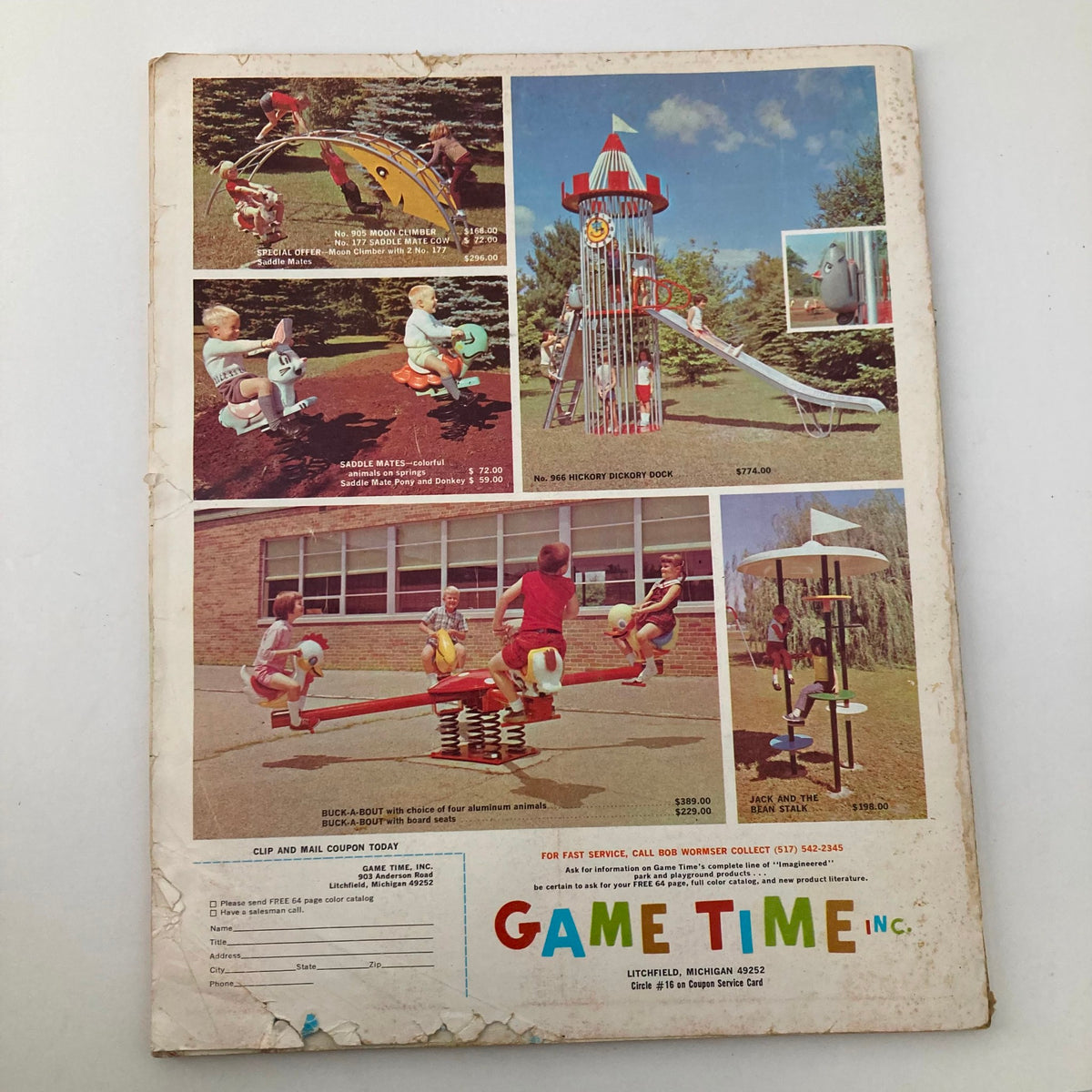 Back cover of VTG The Instructor Magazine June 1969 showing playground equipment and children's activities, featuring colorful designs and advertisements.