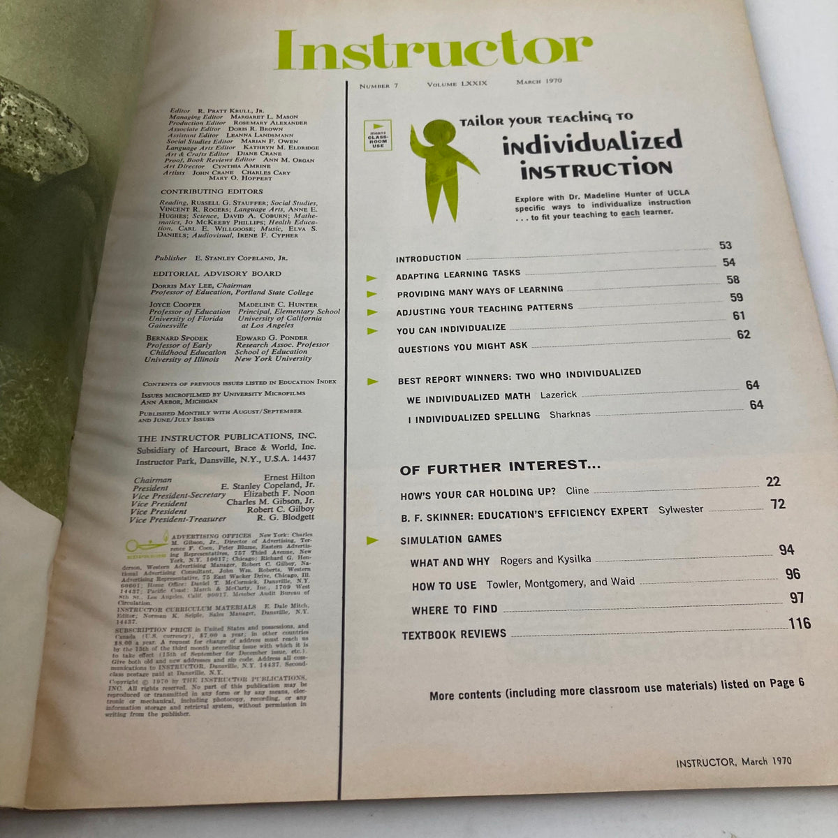 Instructor Magazine March 1970 cover showcasing the articles on individualized instruction and simulation games, reflecting the educational innovation of the 1970s.