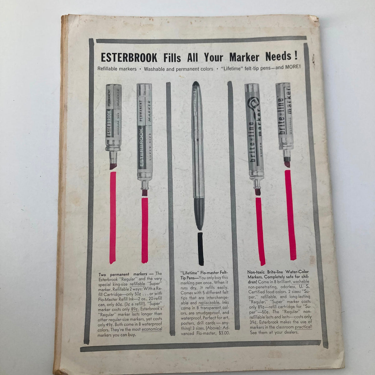 Back cover of VTG The Instructor Magazine October 1962 displaying an advertisement for Esterbrook markers, emphasizing art supplies.