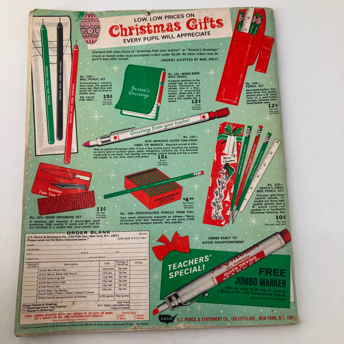 Back cover of VTG The Instructor Magazine November 1968, showcasing Christmas gift ideas for students with a colorful design and promotional offers for stationery items.