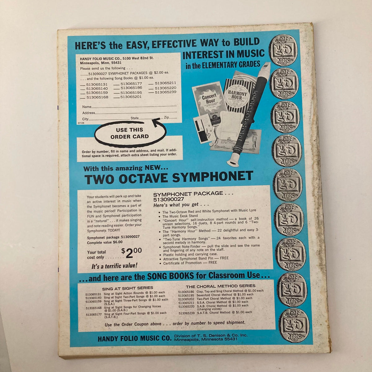 Back cover of the VTG Instructor Magazine October 1969 advertising the Handy Folio Music Company's symphonette package and songbook options, emphasizing music education in elementary grades.