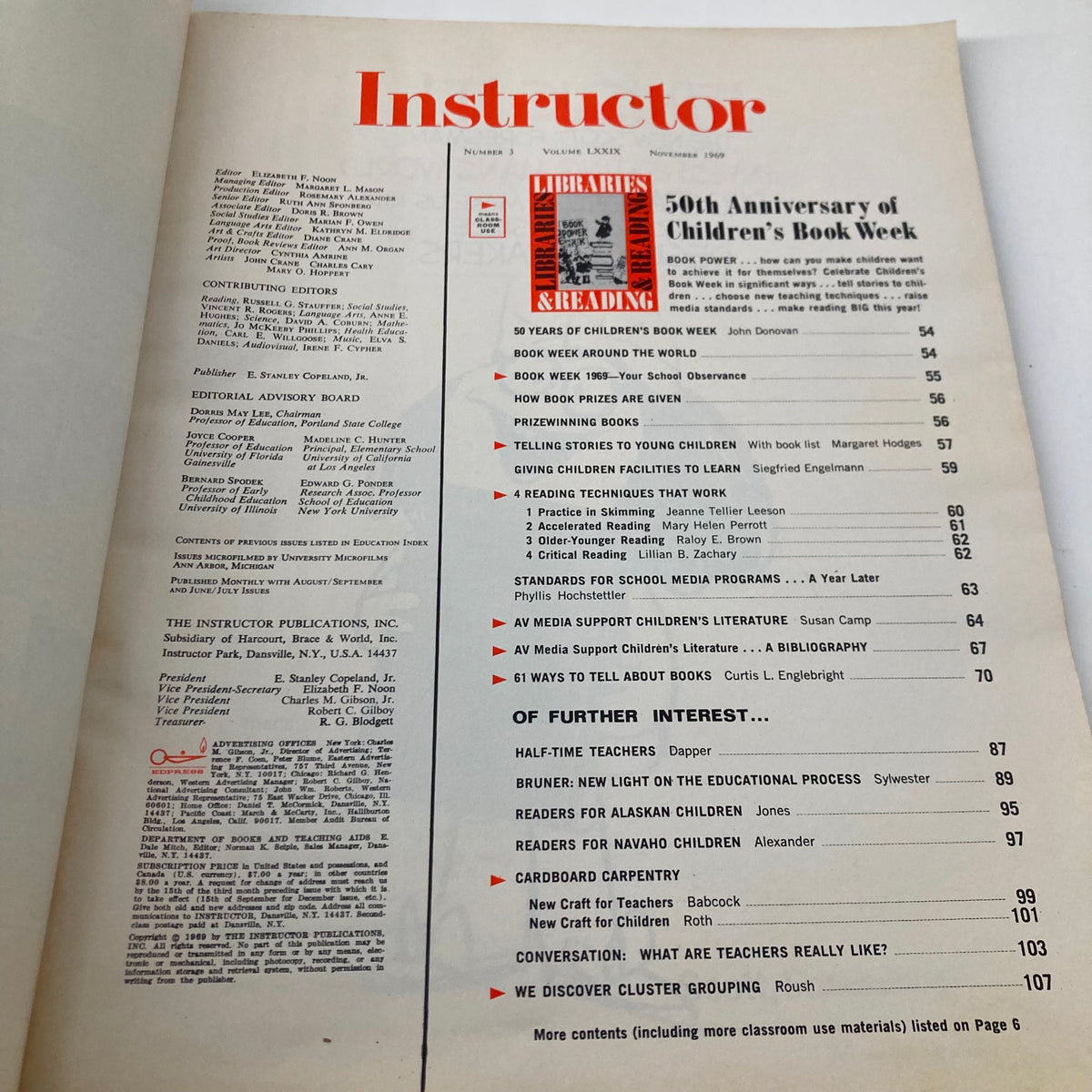Inside page of VTG Instructor Magazine November 1969 displaying a table of contents and editorial information, reflecting the educational themes of the issue.