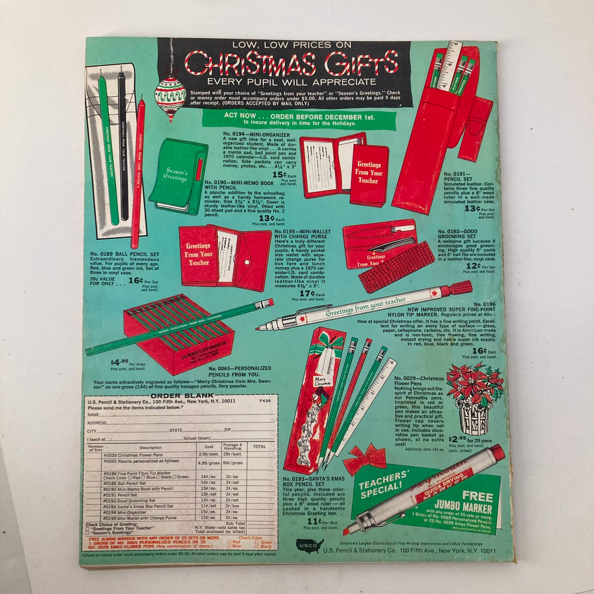 Back cover of VTG Instructor Magazine November 1969 featuring advertisements for Christmas gifts for students, highlighting various stationery items and pricing.