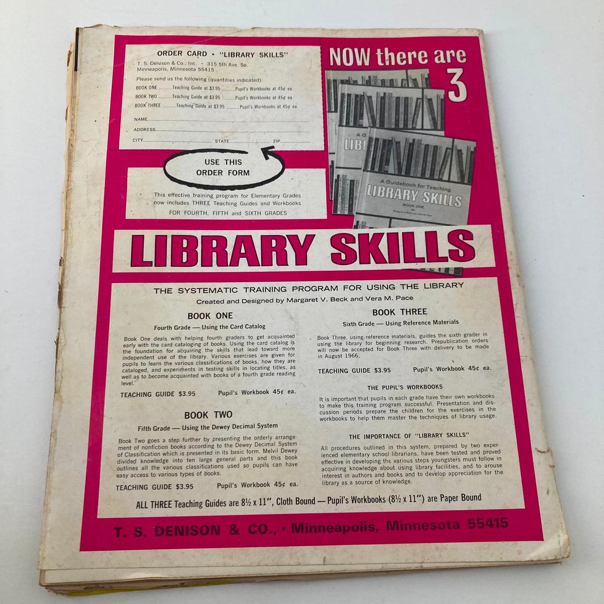 Back cover of VTG Instructor Magazine October 1966, showcasing an order card for 'Library Skills' teaching materials, promoting systematic library training for elementary grades.