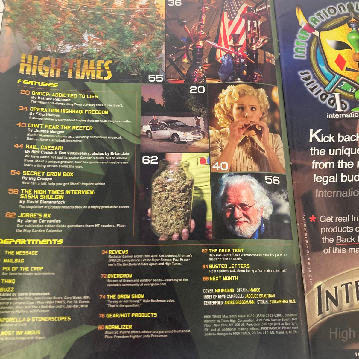 Inside cover spread of High Times Magazine May 2005 issue #352 showcasing the table of contents with featured articles including Neve Campbell's interview.
