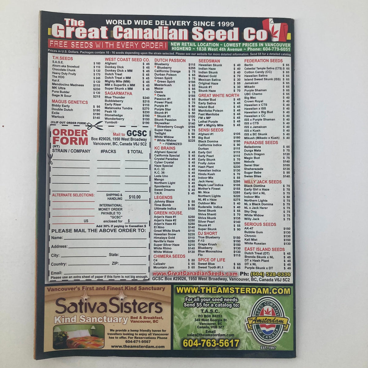 Back cover of High Times Magazine May 2005 issue #352 displaying an order form for The Great Canadian Seed Co. with various seed options and pricing.