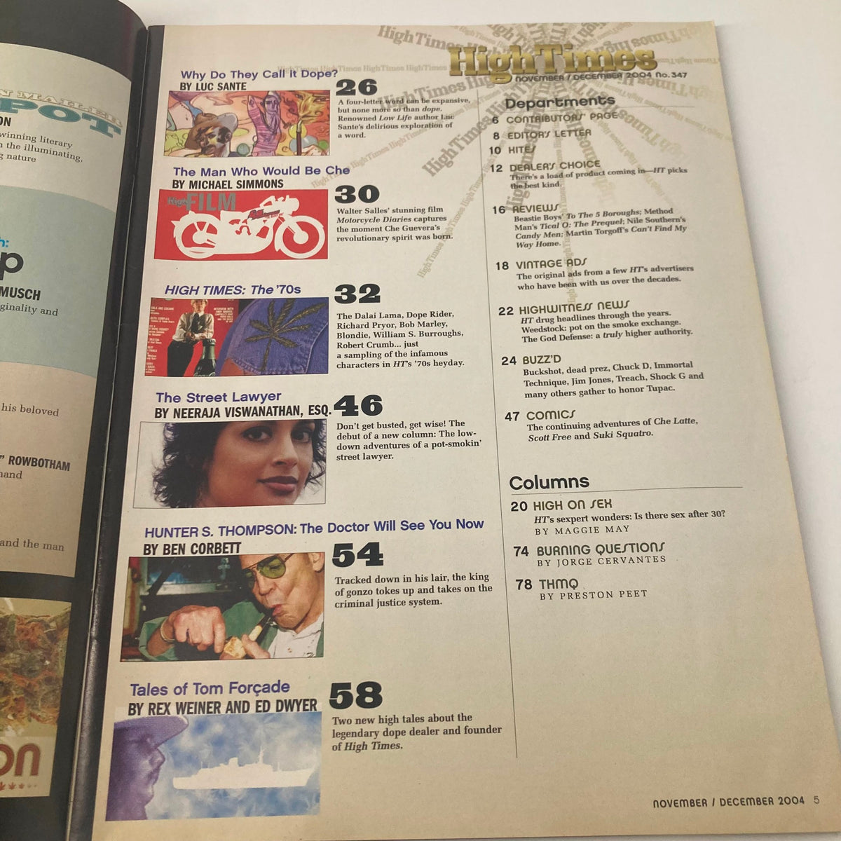 Table of contents for High Times Magazine November 2004 #347 Collector's 30th Anniversary Edition, showcasing featured articles and columns.