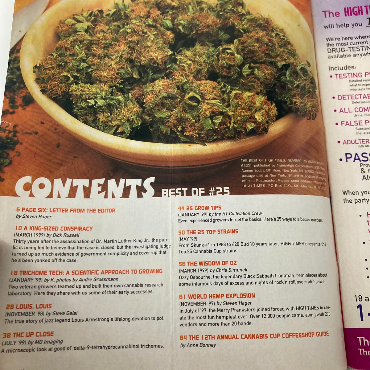 Contents page of The Best of High Times Magazine 1999 #25 featuring Ozzy Osbourne, highlighting articles and features related to cannabis culture and music.
