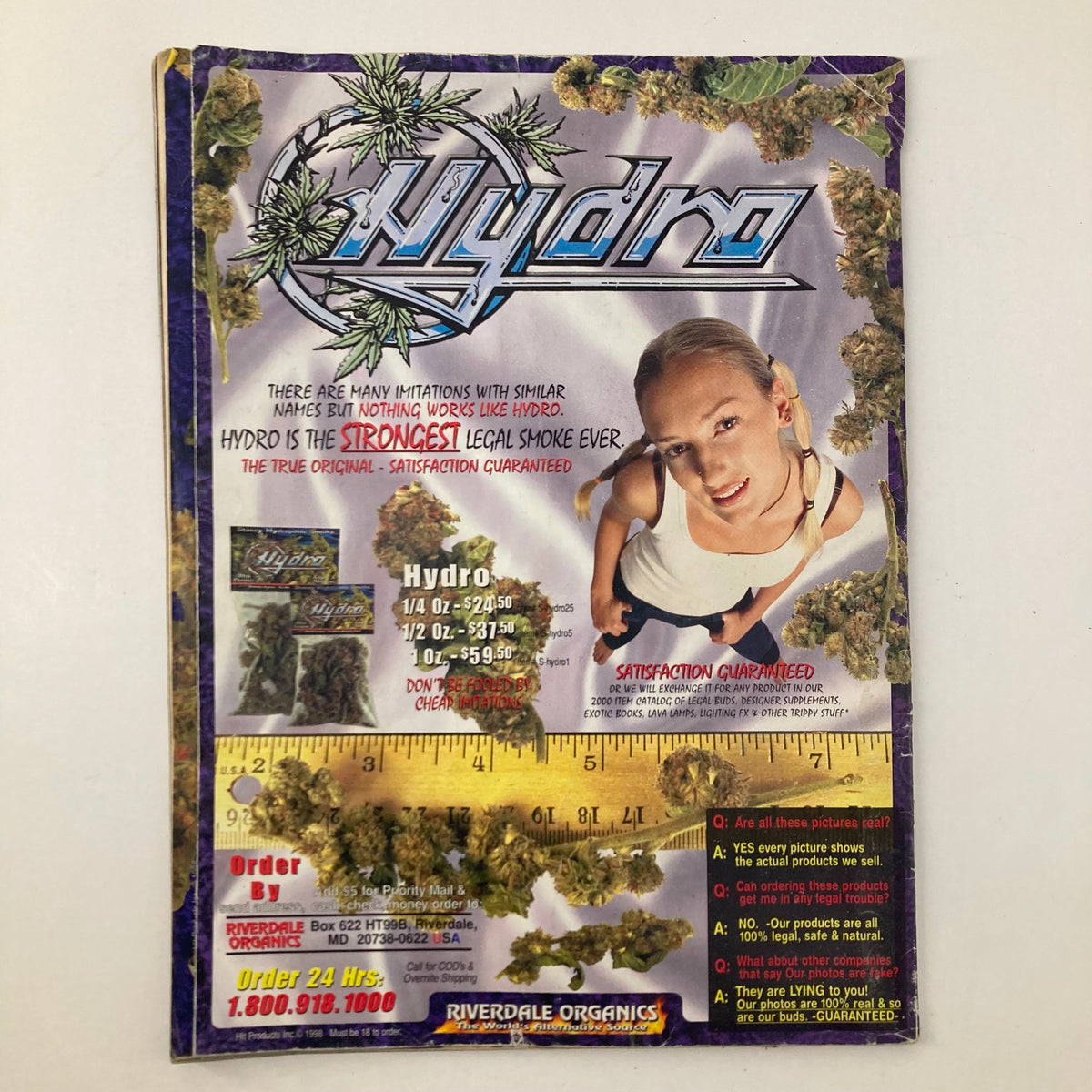 Advertisement from the back cover of The Best of High Times Magazine 1999 #25 featuring Ozzy Osbourne, showcasing Hydro cannabis products and promotions.