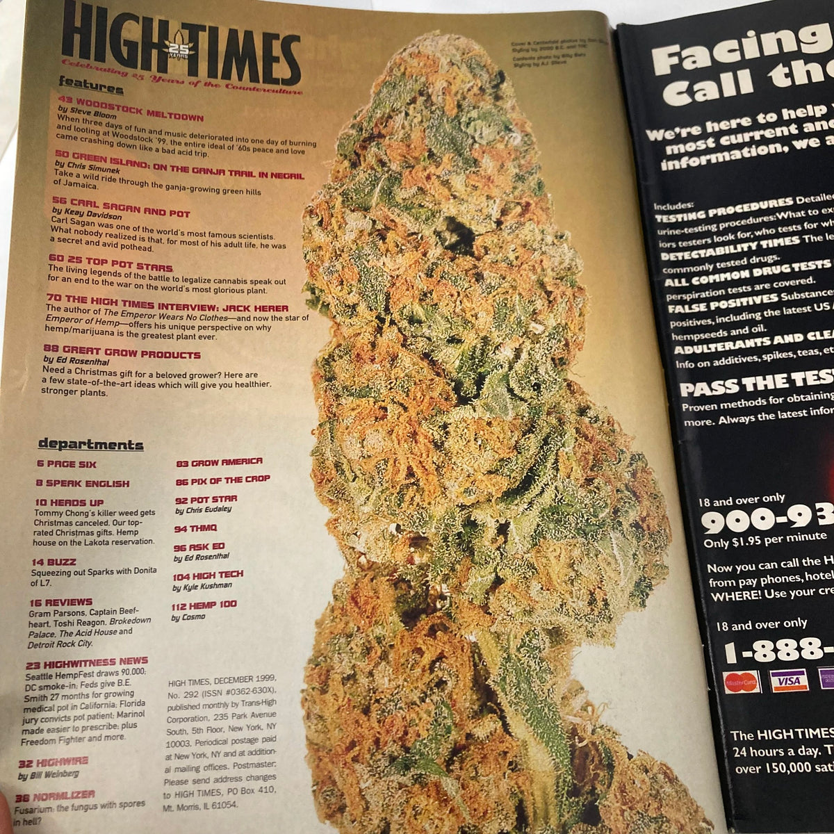 High Times Magazine December 1999 #292 featuring cannabis culture article pages with vibrant visuals and articles on Tommy Chong's Pipes & Bongs.