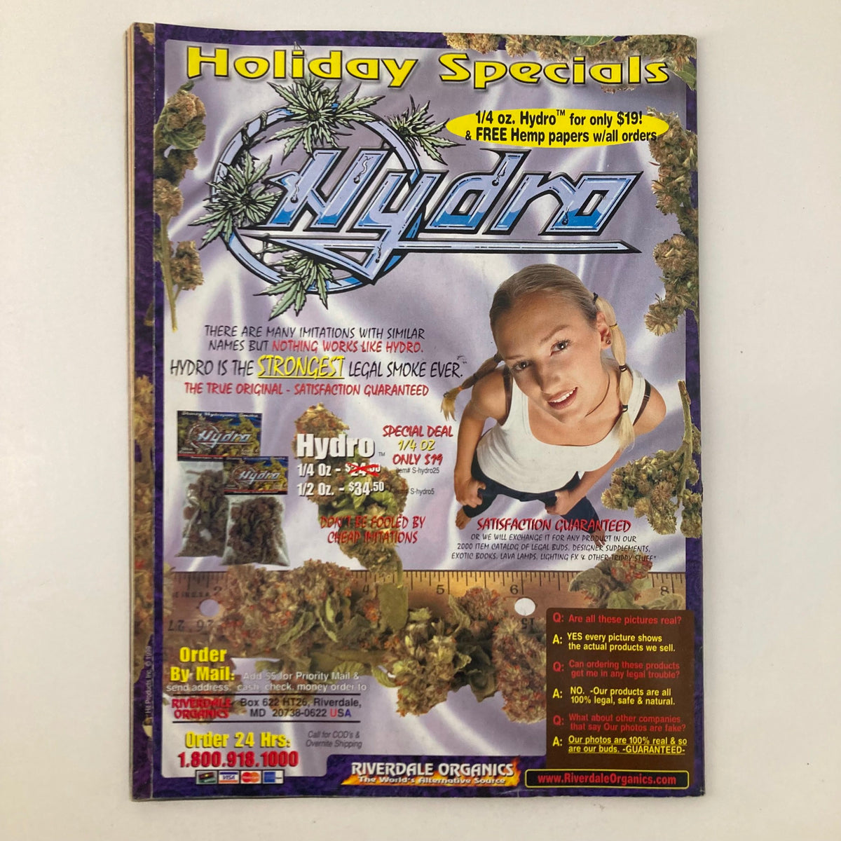 High Times Magazine December 1999 #292 showcasing an advertisement for Hydro legal smoke product with images of cannabis and a model.