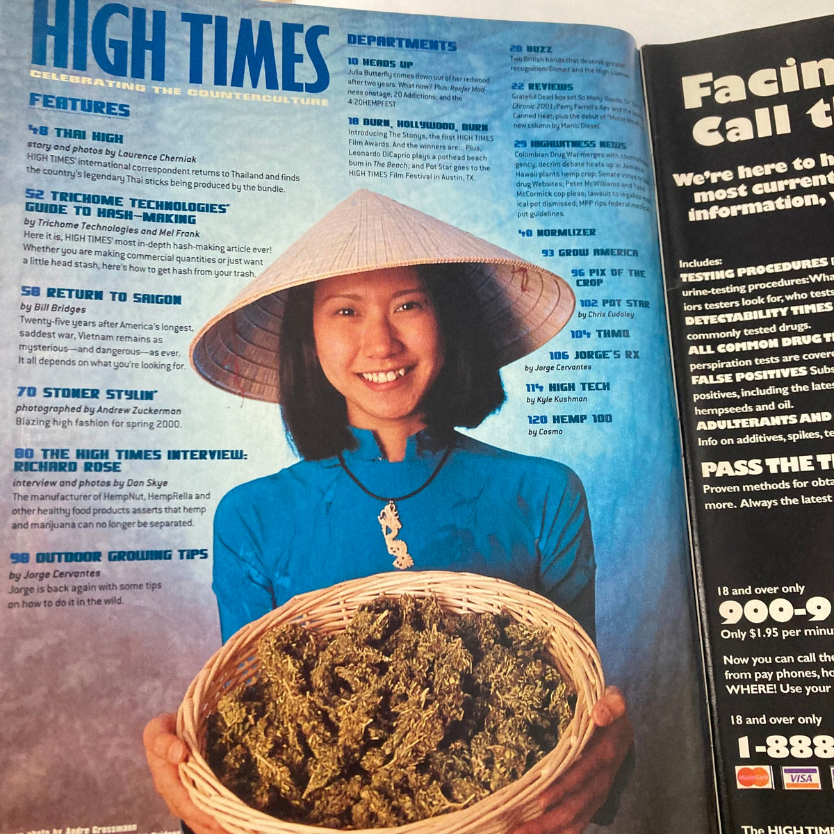 Interior page of High Times Magazine April 2000 showcasing a woman wearing a traditional hat holding a basket of cannabis, with features of the magazine highlighted.