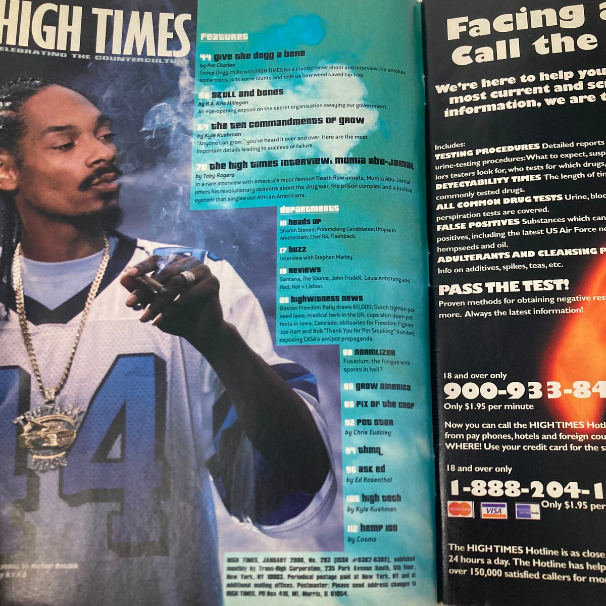Interior page from High Times Magazine January 2000 with Snoop Dogg, showcasing features and articles about cannabis culture.