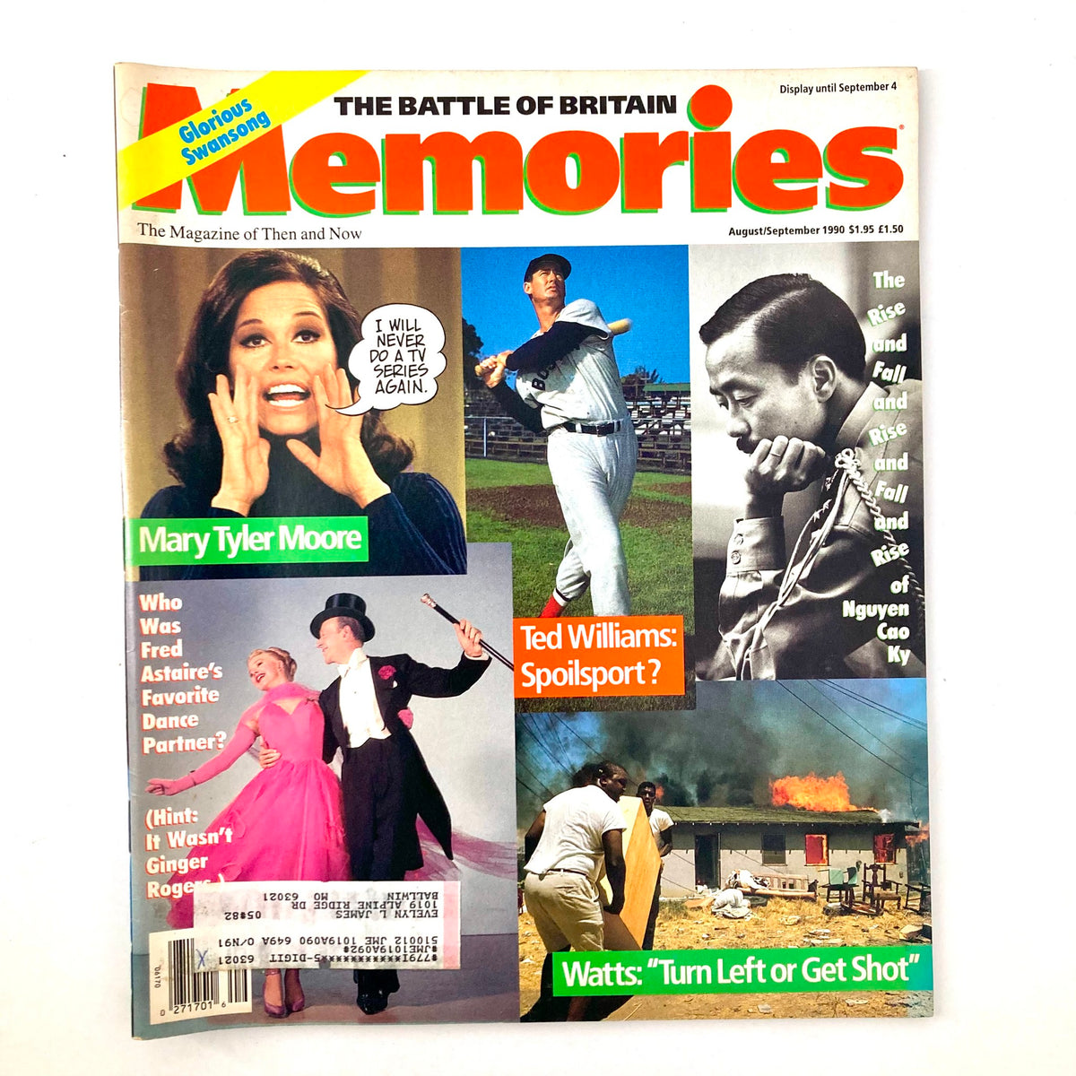 Cover of Memories Magazine of Then and Now, August 1990 featuring Mary Tyler Moore and Ted Williams. The cover showcases pop culture highlights, with illustrations and vivid design elements.