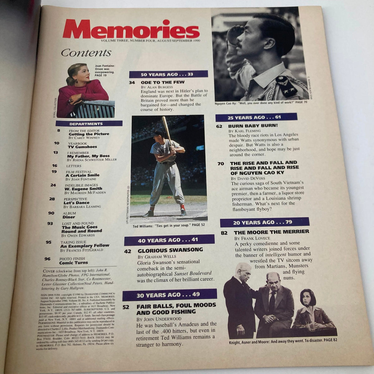 Contents page of Memories Magazine of Then and Now, August 1990, listing various articles about historical events, pop culture, and notable figures including Ted Williams.