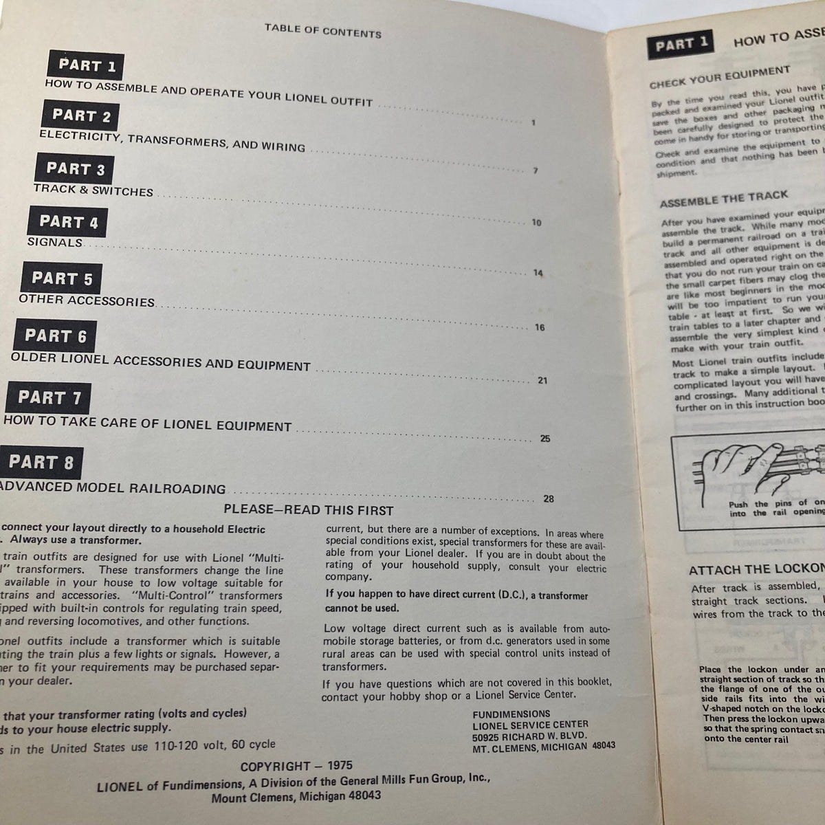 1975 Lionel Train Manual and Accessory 0/027 Catalog Table of Contents page listing assembly and track instructions.