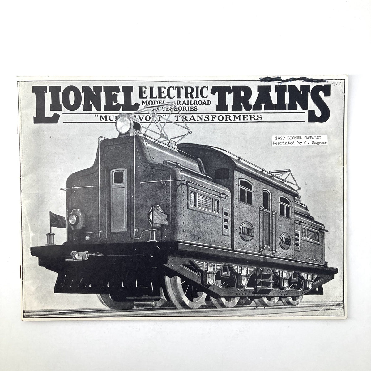 1927 Lionel Electric Trains Model Railroad Accessories Catalog cover showcasing a vintage locomotive design.