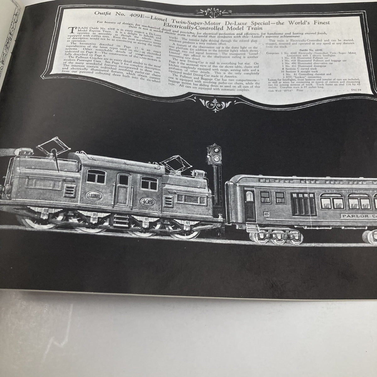 1927 Lionel Electric Trains Model Railroad Accessories Catalog featuring an illustration of the Lionel Super-Motor De-Luxe Special model train with detailed descriptions of railroad accessories.