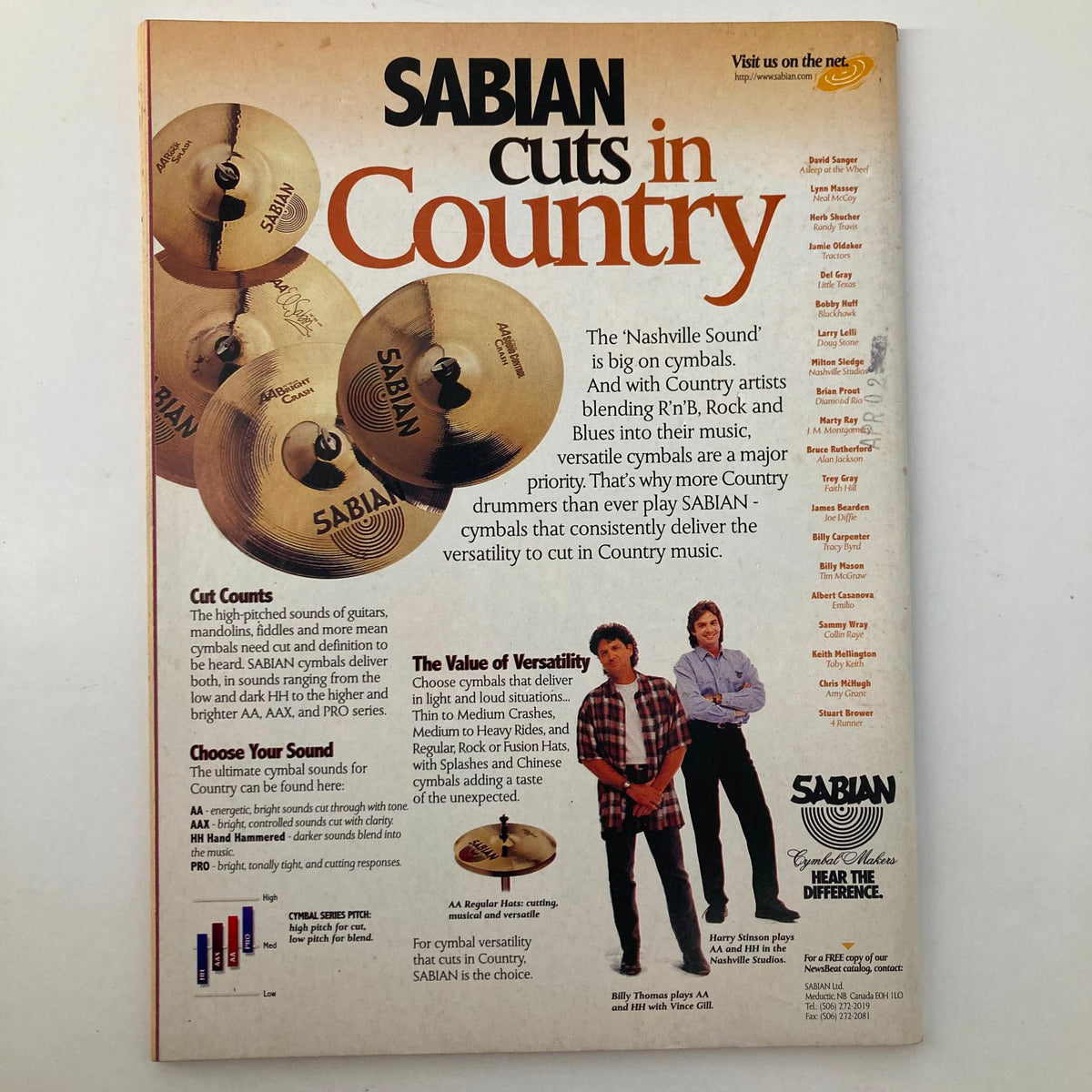 Advertisement in Country Song Roundup Magazine June 1996 promoting SABIAN cymbals for country music, emphasizing the importance of versatility in sound for drummers.