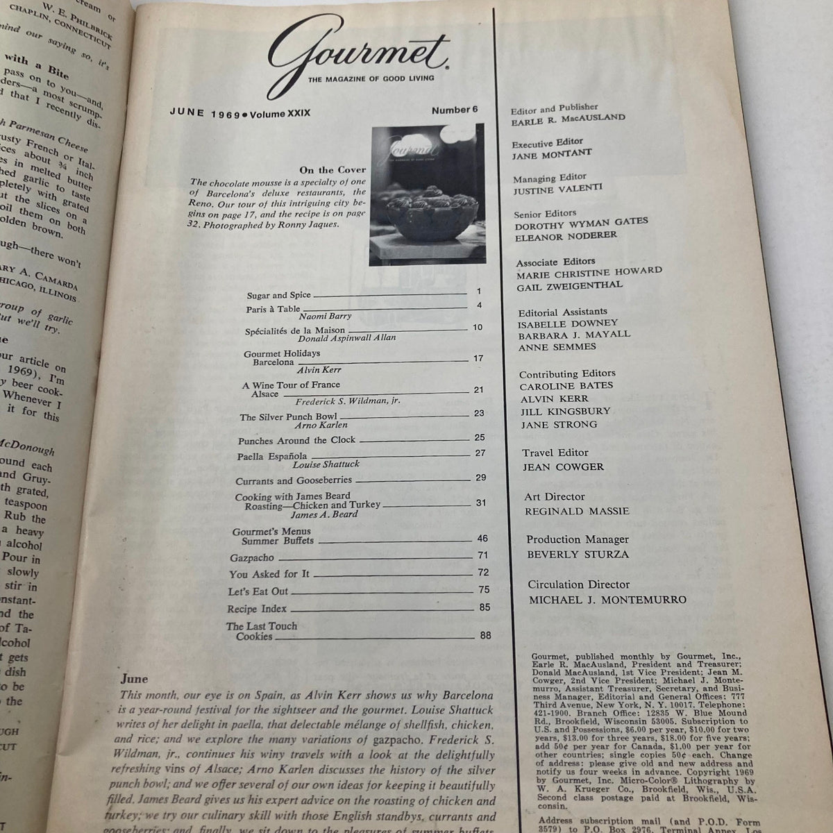 Gourmet Magazine June 1969 table of contents featuring the Chocolate Mousse recipe from Reno, a nostalgic culinary history piece.